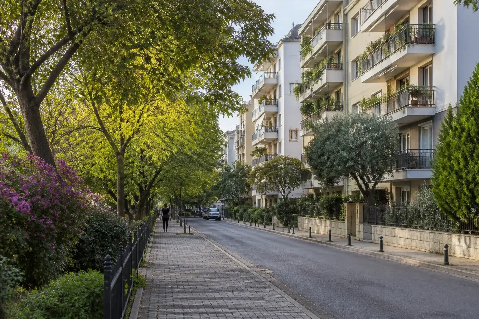 Bornova’da ağaçlı konut sokakları ve sakin şehir dokusu