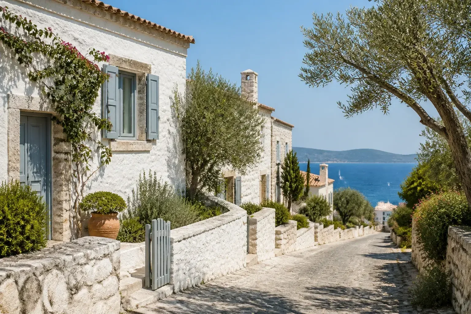 Çeşme’de beyaz taş evler ve zeytin ağaçlı kıyı atmosferi