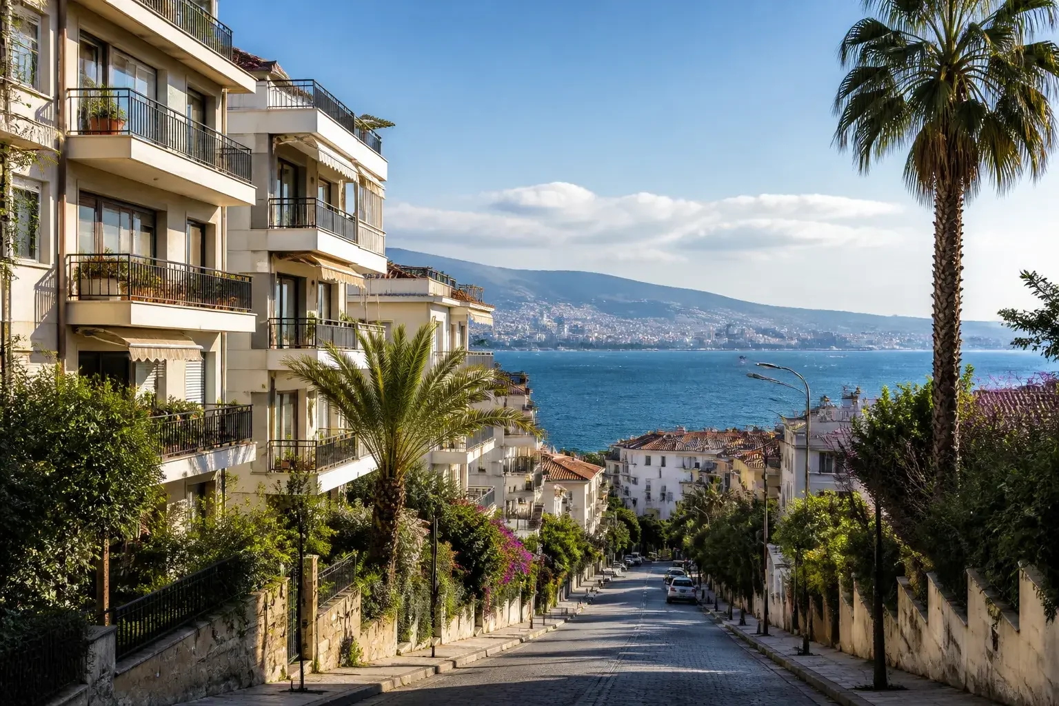 İzmir’de palmiye ağaçlı, sahil hissi veren şehir manzarası